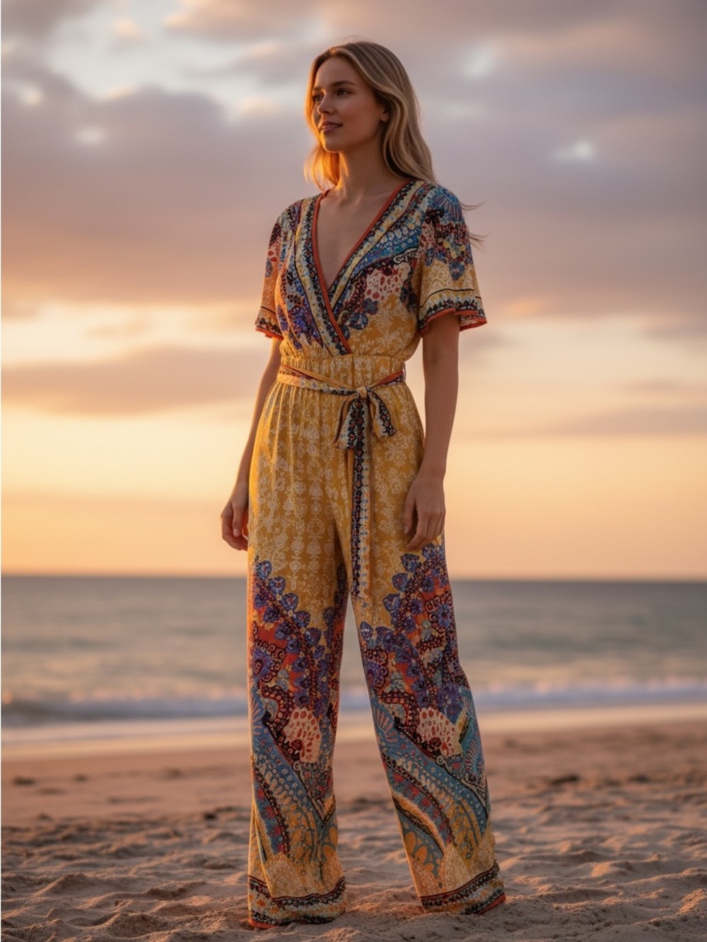 Flying Tomato Yellow Printed Wrap Jumpsuit with Multicolor Paisley Print size M